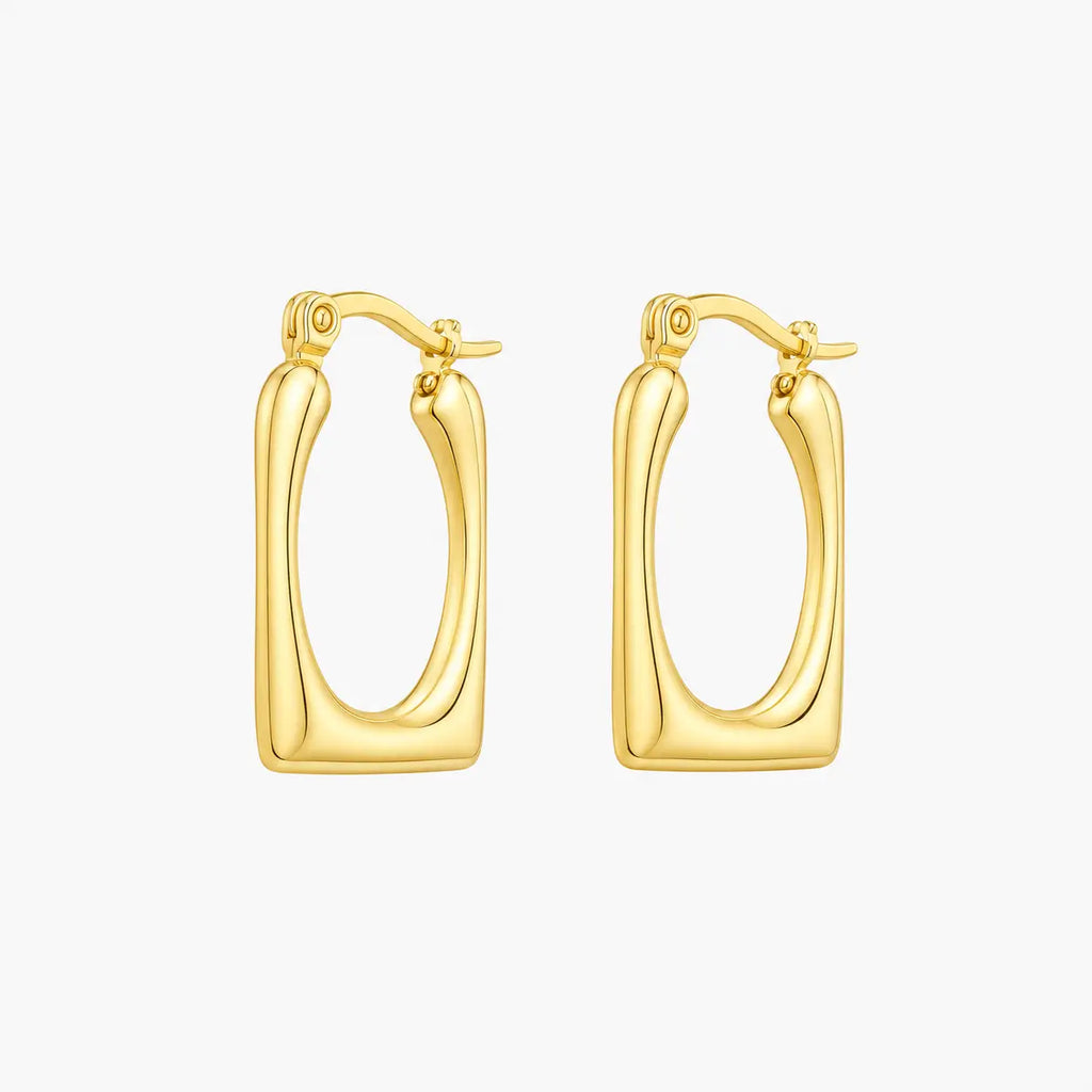 Square hoop earrings in polished gold colour shown from a three-quarter angle with hinged clasps visible.