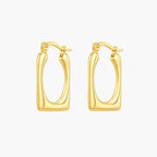 Square hoop earrings in polished gold colour shown from a three-quarter angle with hinged clasps visible.