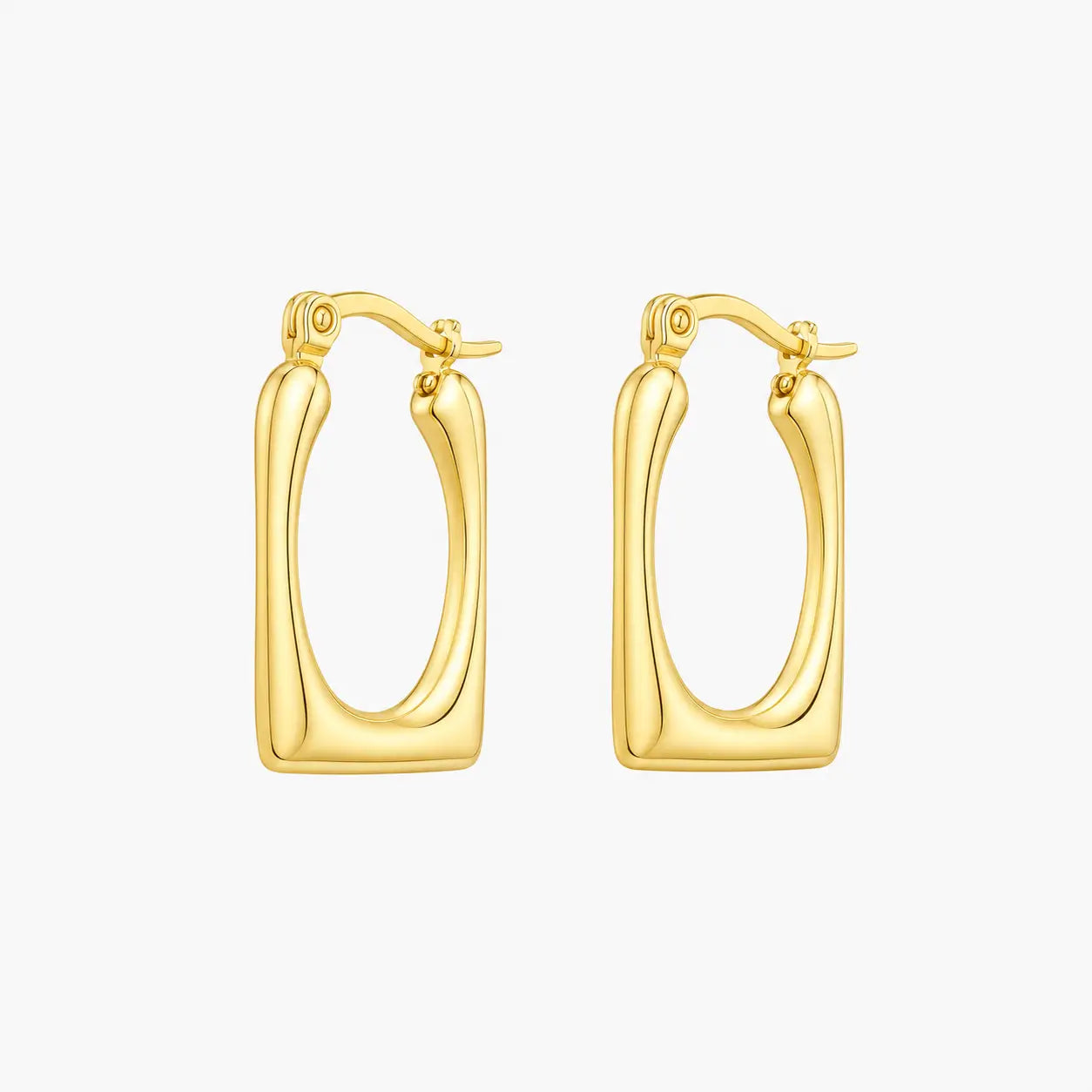 Square hoop earrings in polished gold colour shown from a three-quarter angle with hinged clasps visible.