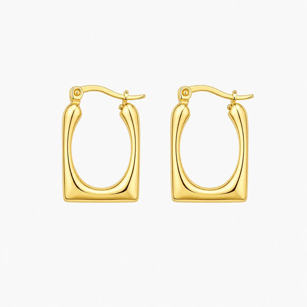 Square hoop earrings in a smooth gold-colour finish with a bold open geometric shape, front product view.