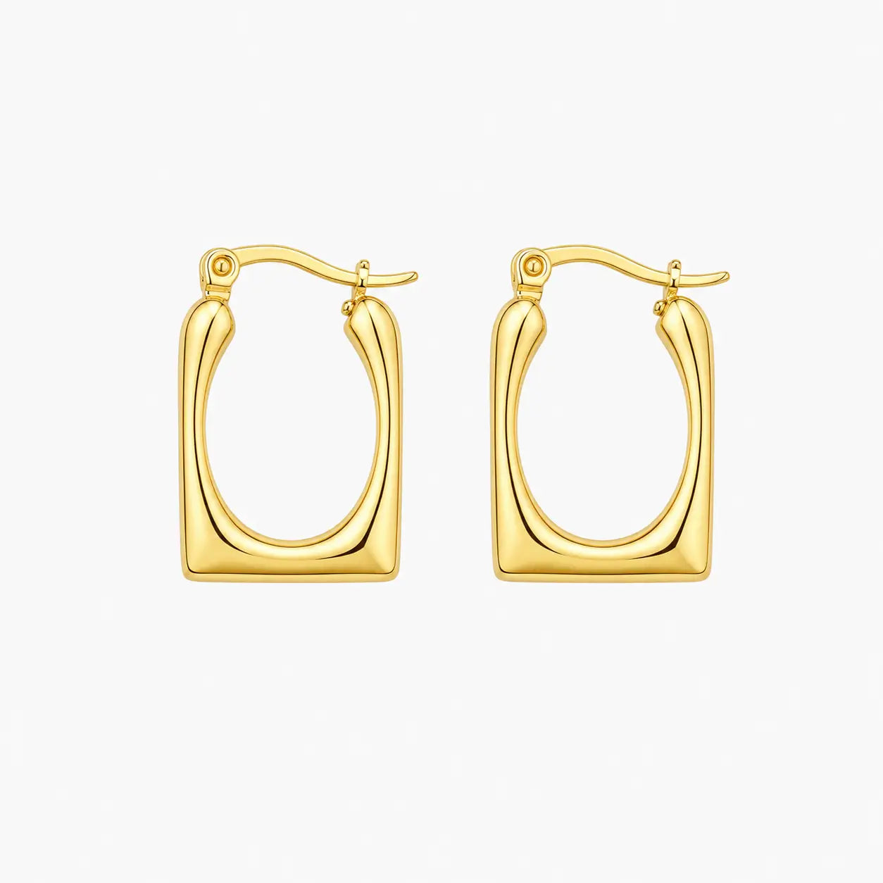 Square hoop earrings in a smooth gold-colour finish with a bold open geometric shape, front product view.
