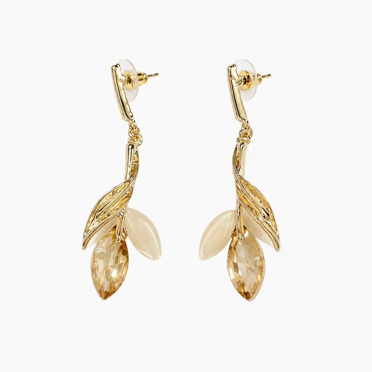 Gold-tone leaf and marquise crystal drop earrings on white background, front view