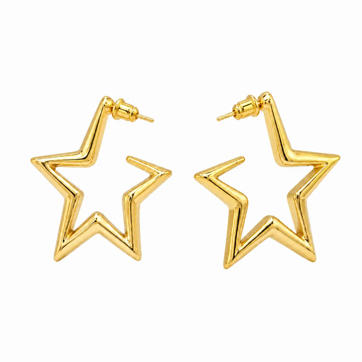Side angle of gold-tone star-shaped hoop earrings showing post closure