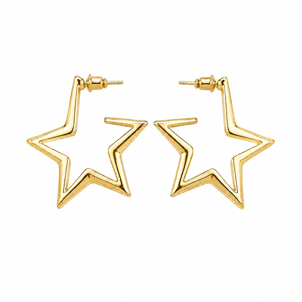 Gold-tone open star hoop earrings on white background, front view