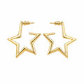 Gold-tone open star hoop earrings on white background, front view