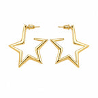 Gold-tone open star hoop earrings on white background, front view