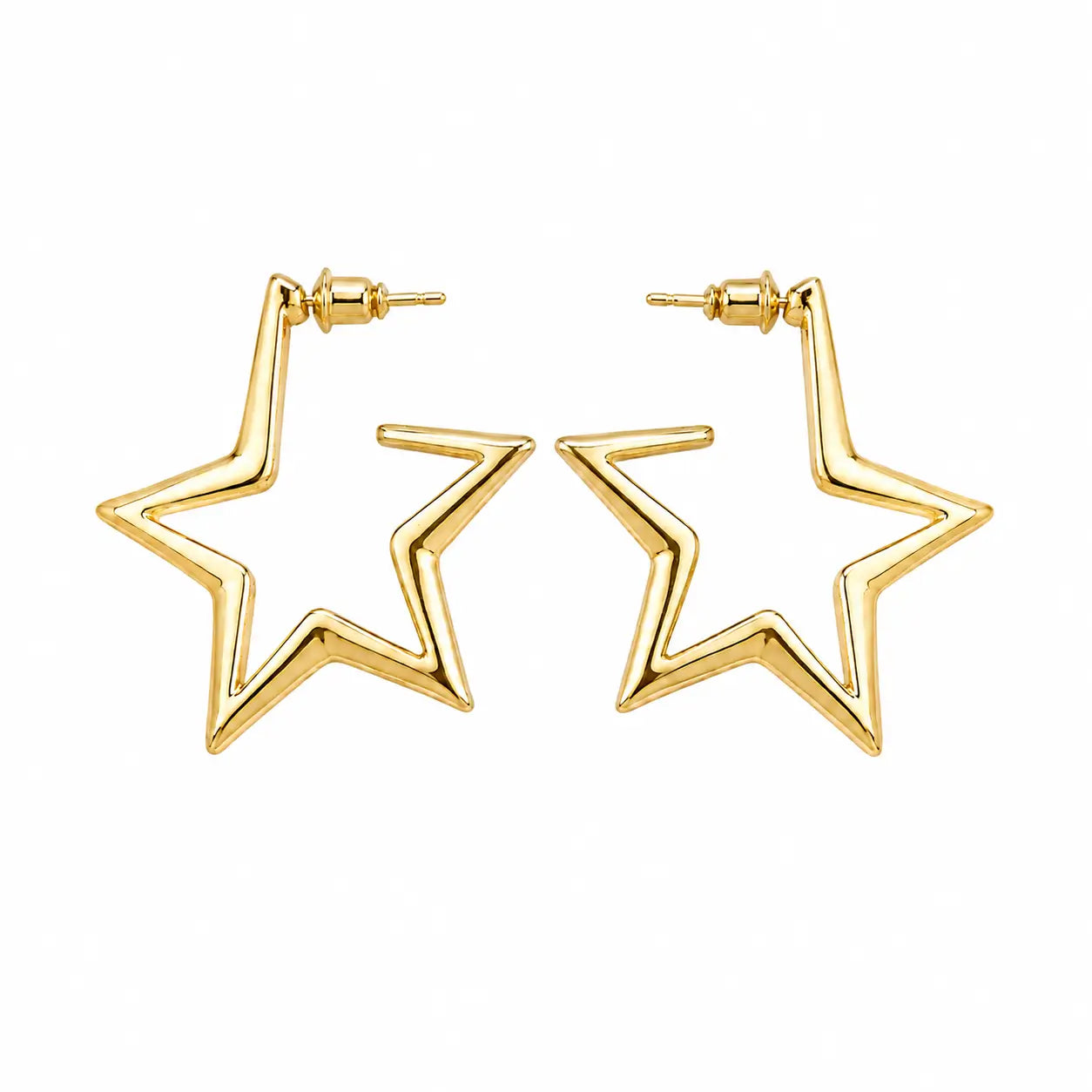 Gold-tone open star hoop earrings on white background, front view