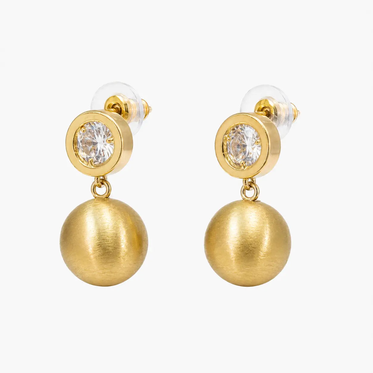 Gold-tone crystal ball drop earrings with round stone stud, side angle