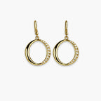 Gold-tone double circle drop earrings with clear stones – front view