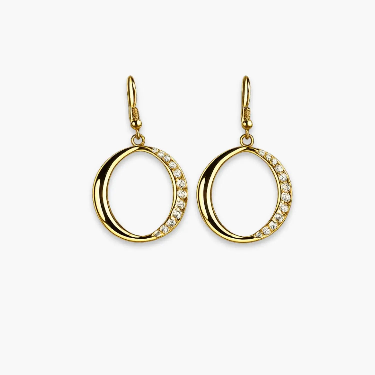 Gold-tone double circle drop earrings with clear stones – front view