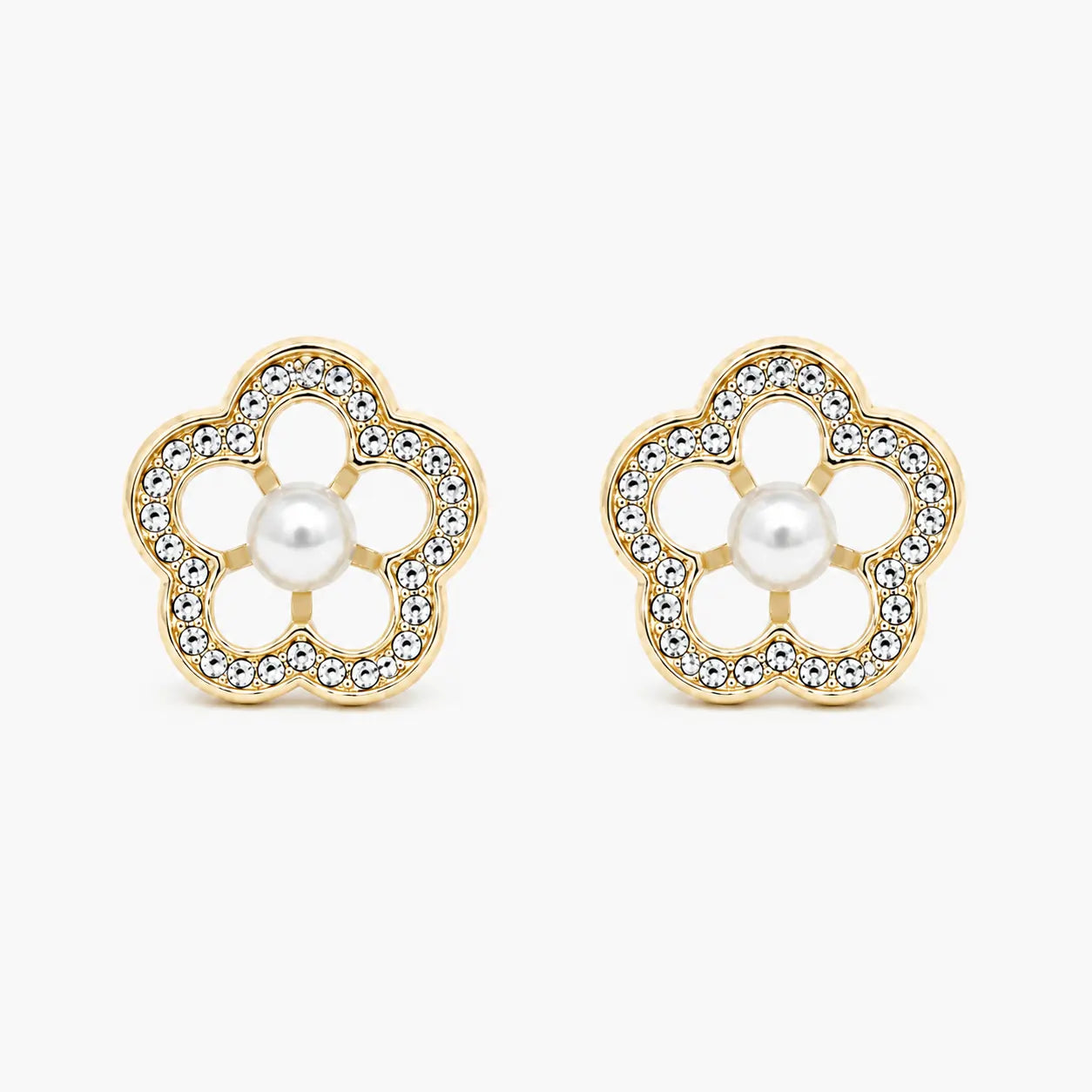 Gold-tone pearl-style flower stud earrings – front view