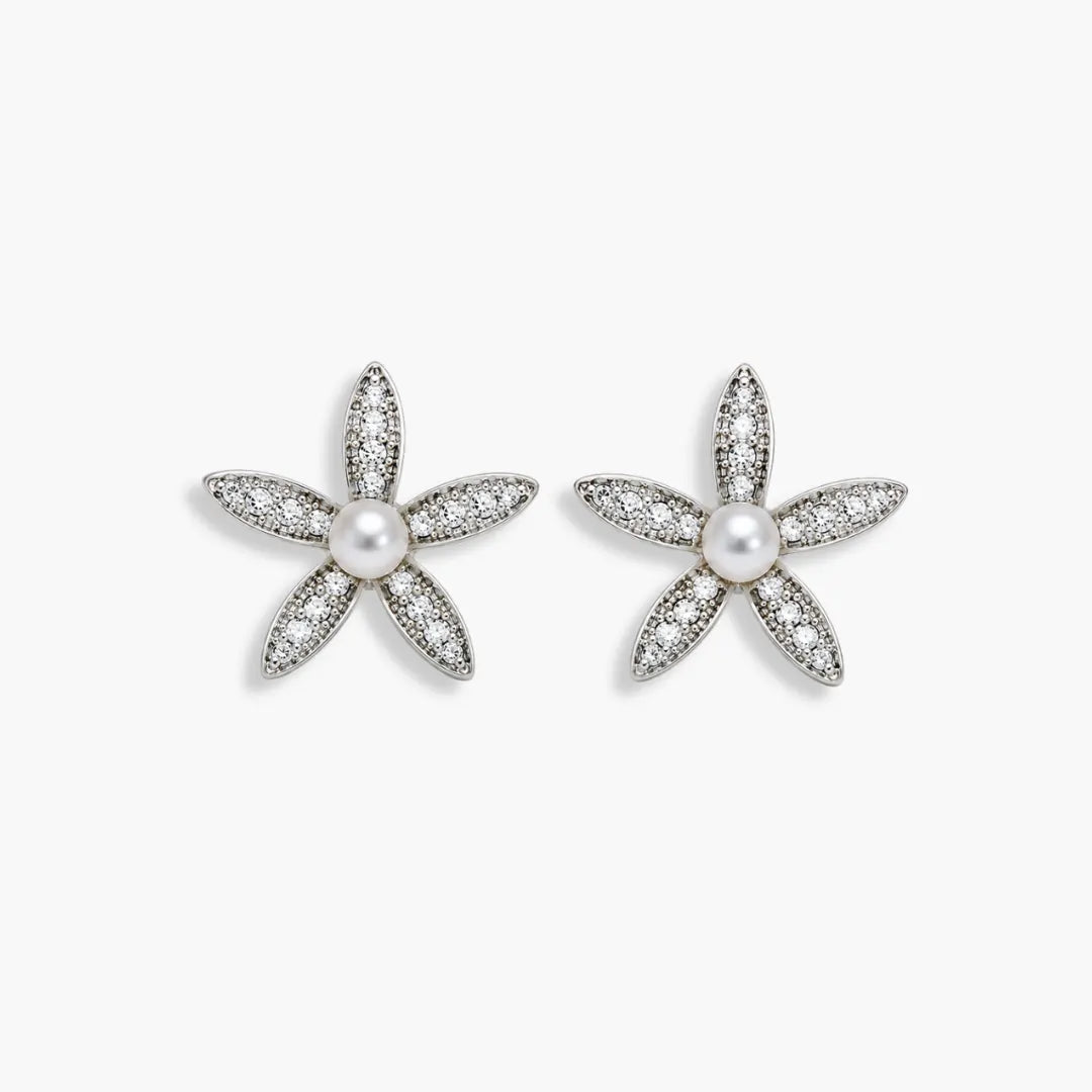 Silver-tone pearl-style flower stud earrings – front view
