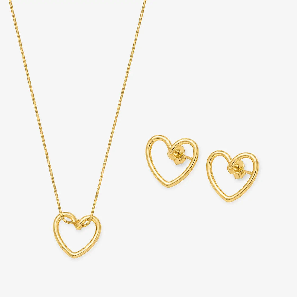 open-heart snake chain necklace and matching stud earrings set