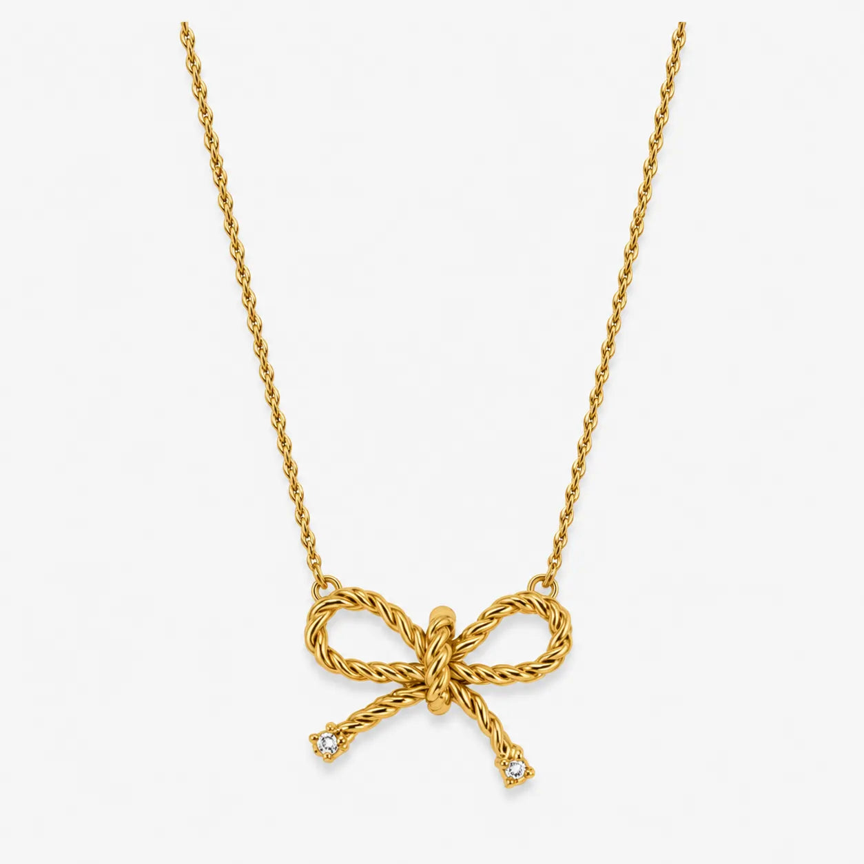 clear-accent bow pendant necklace on twisted gold-colour chain