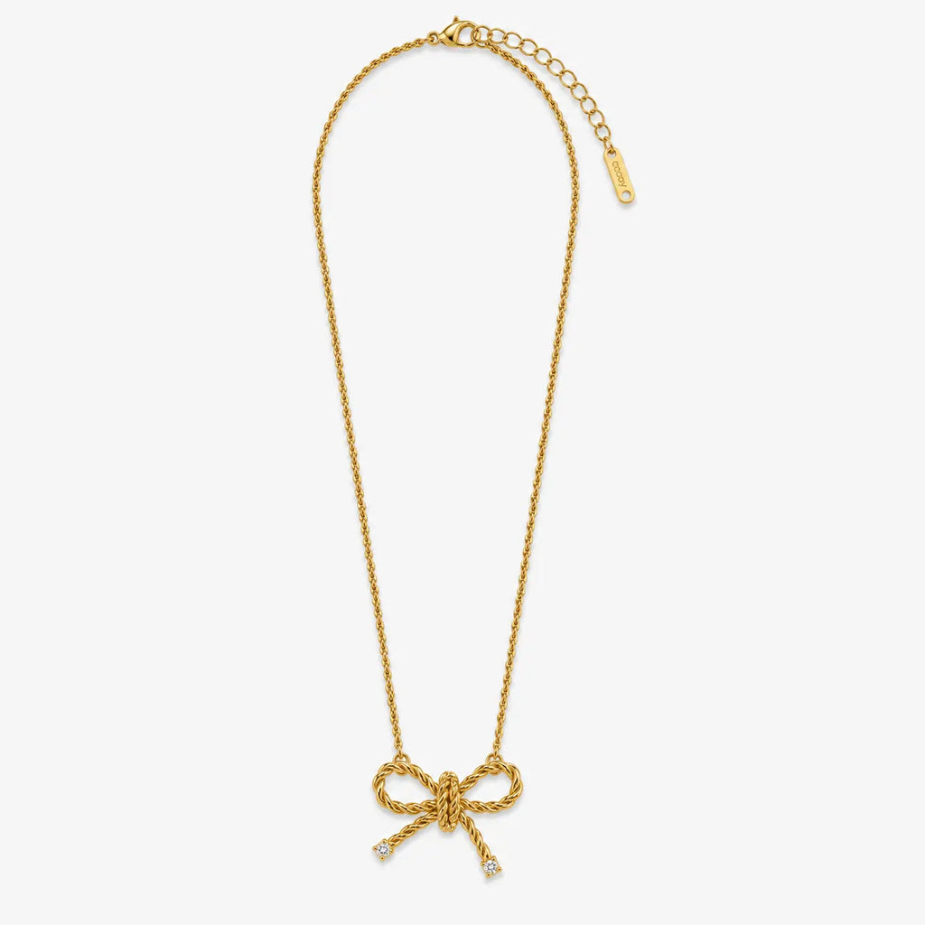 clear-accent bow pendant necklace on twisted gold-colour chain, full view with chain