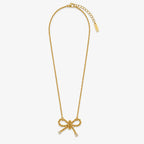 clear-accent bow pendant necklace on twisted gold-colour chain, full view with chain