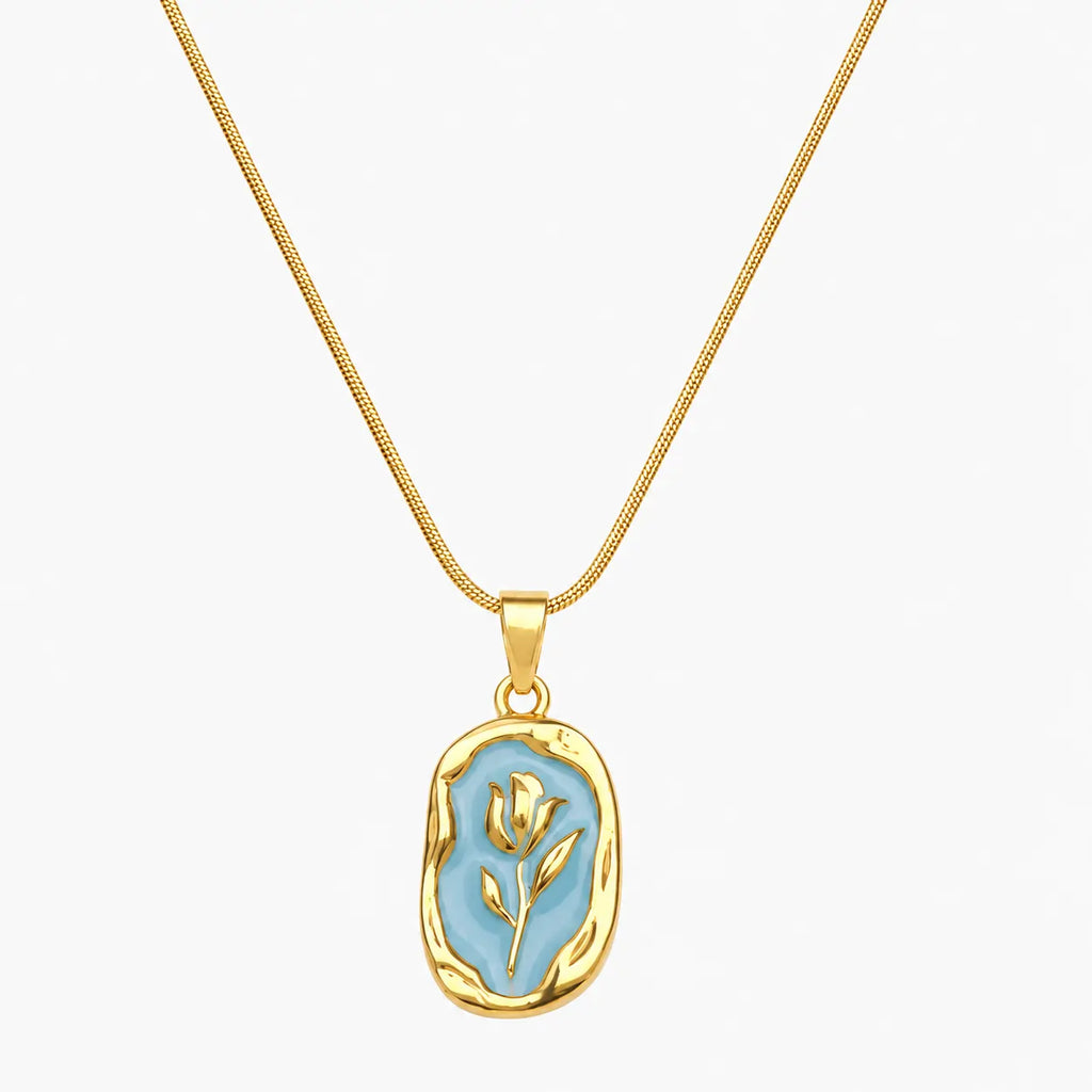 Gold and Turquoise-color floral open-frame rose pendant necklace