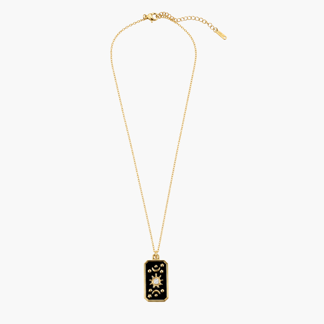 Black celestial rectangular pendant necklace with gold-color border, Full View of Necklace