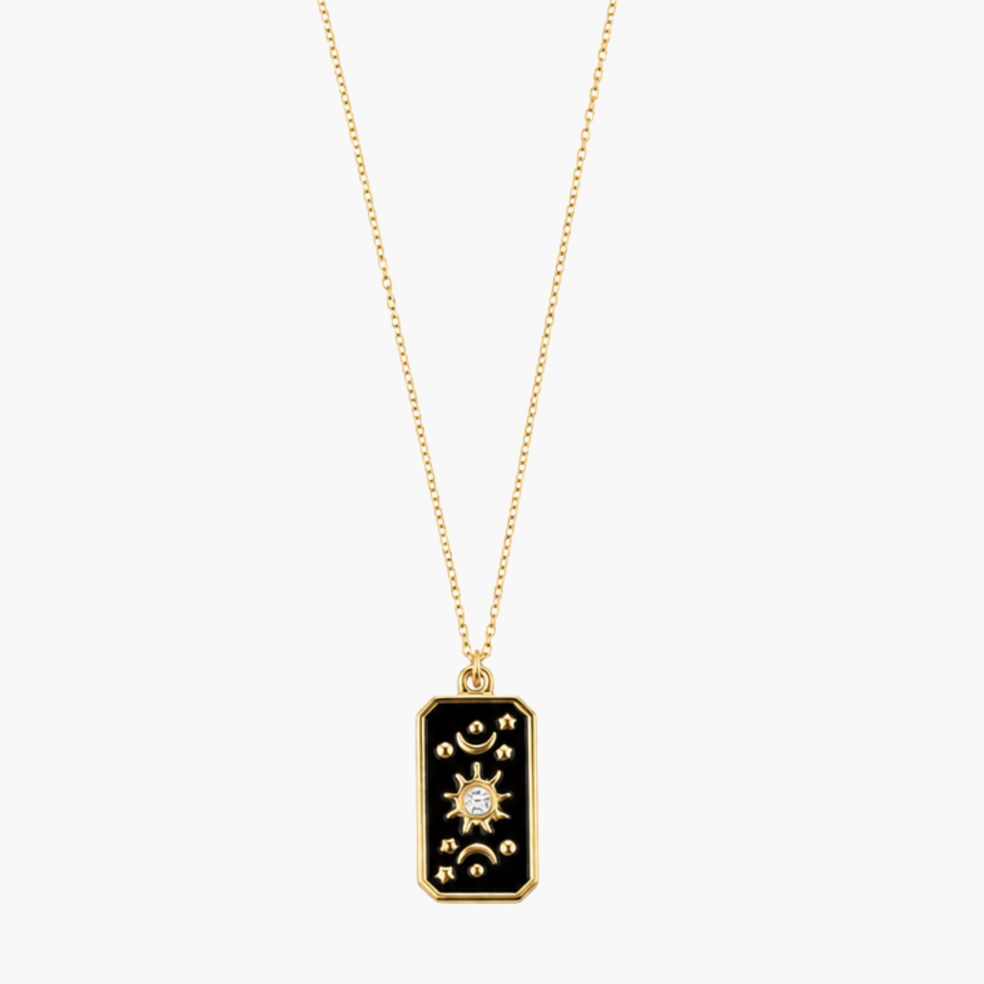 black celestial rectangular pendant necklace with gold-colour border