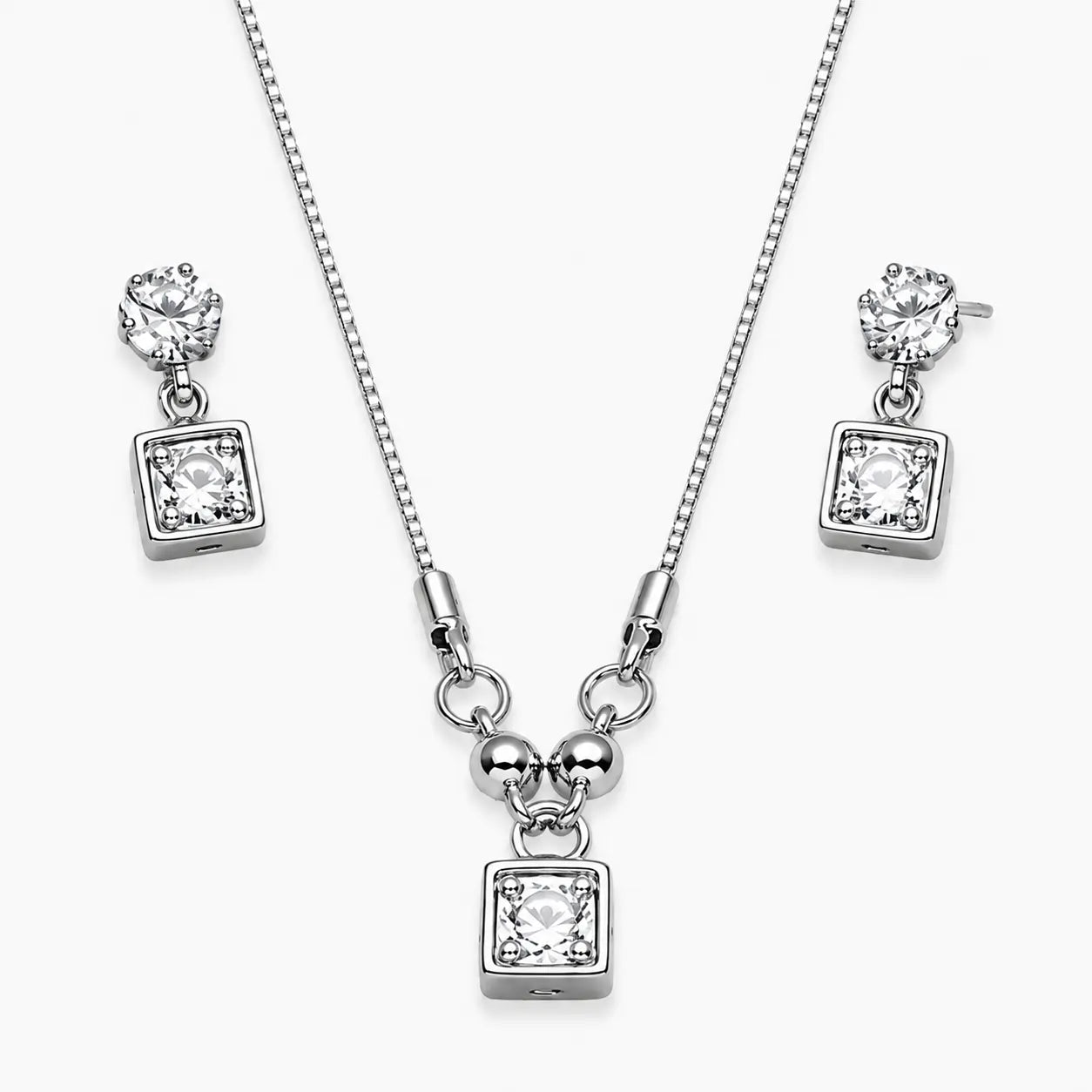 artificial square crystal necklace and earrings set front view