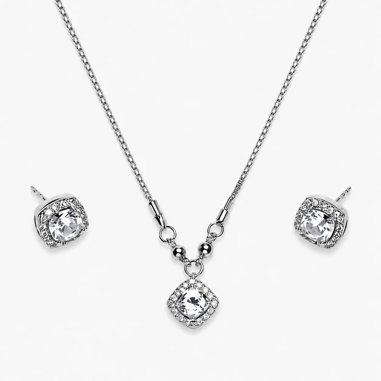 artificial cushion crystal necklace and stud set front view