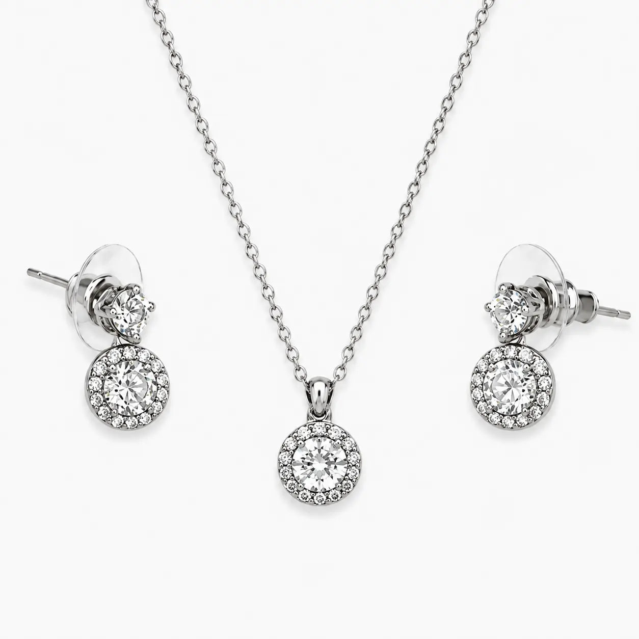 artificial round crystal necklace and drop earrings set front view