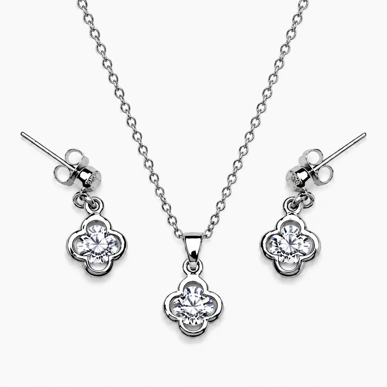 artificial clover crystal necklace and earrings set front view