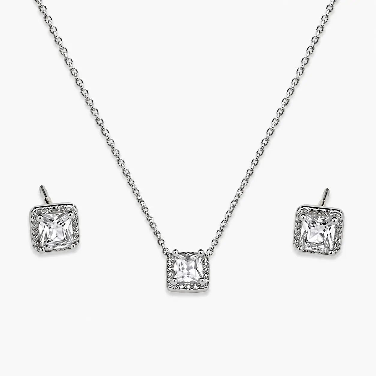 artificial square halo crystal necklace and stud set front view
