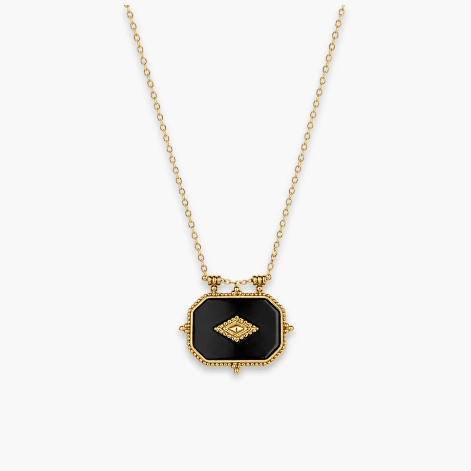 Black eye-motif rectangular pendant necklace on fine Black Gold-color chain