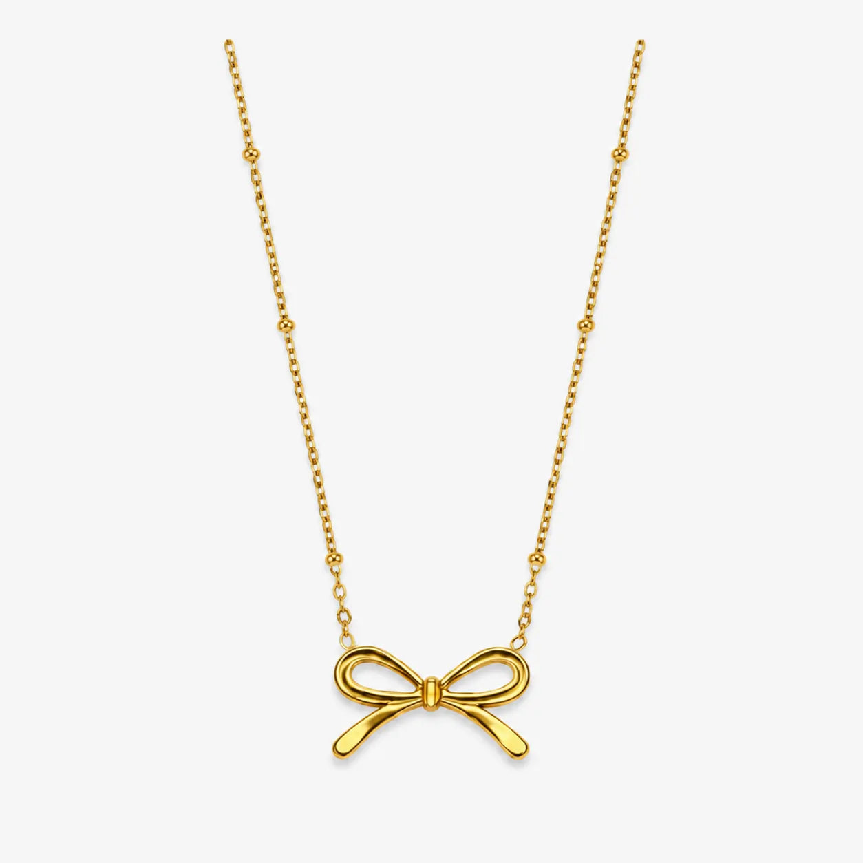 gold-tone bow pendant necklace with spaced round bead accents on fine chain