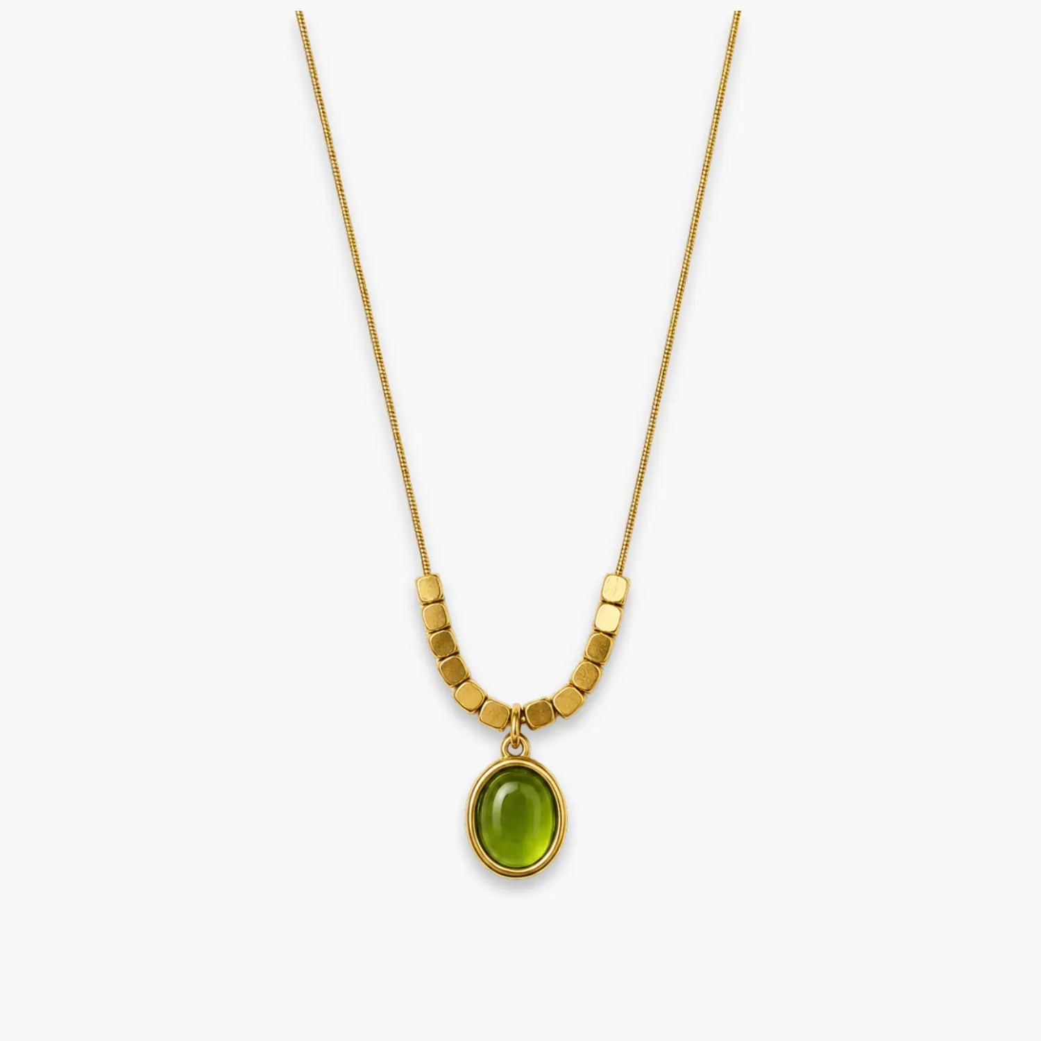 Green oval pendant necklace with bead-and-bar chain accents