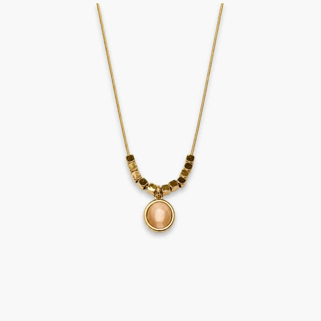Peach oval pendant necklace with bead-and-bar chain accents