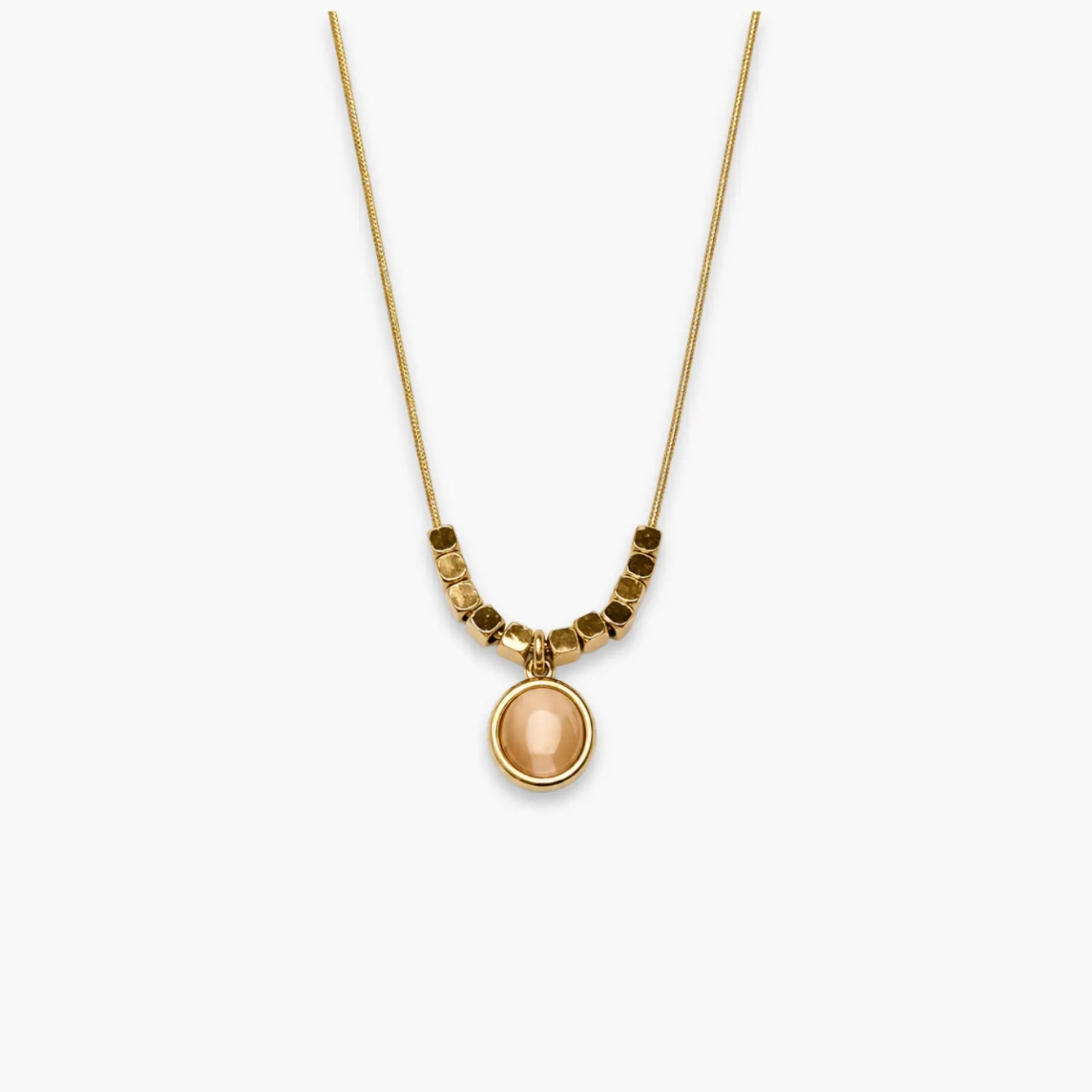 Peach oval pendant necklace with bead-and-bar chain accents