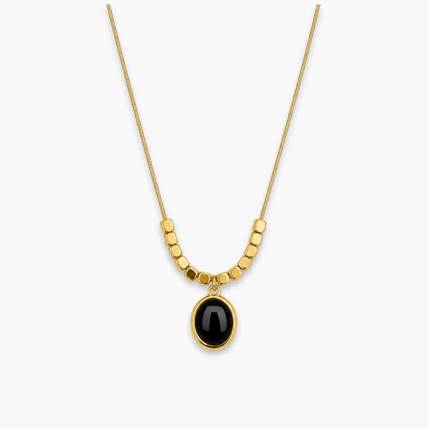 Black oval pendant necklace with bead-and-bar chain accents