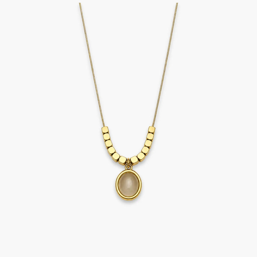 Light Grey oval pendant necklace with bead-and-bar chain accents