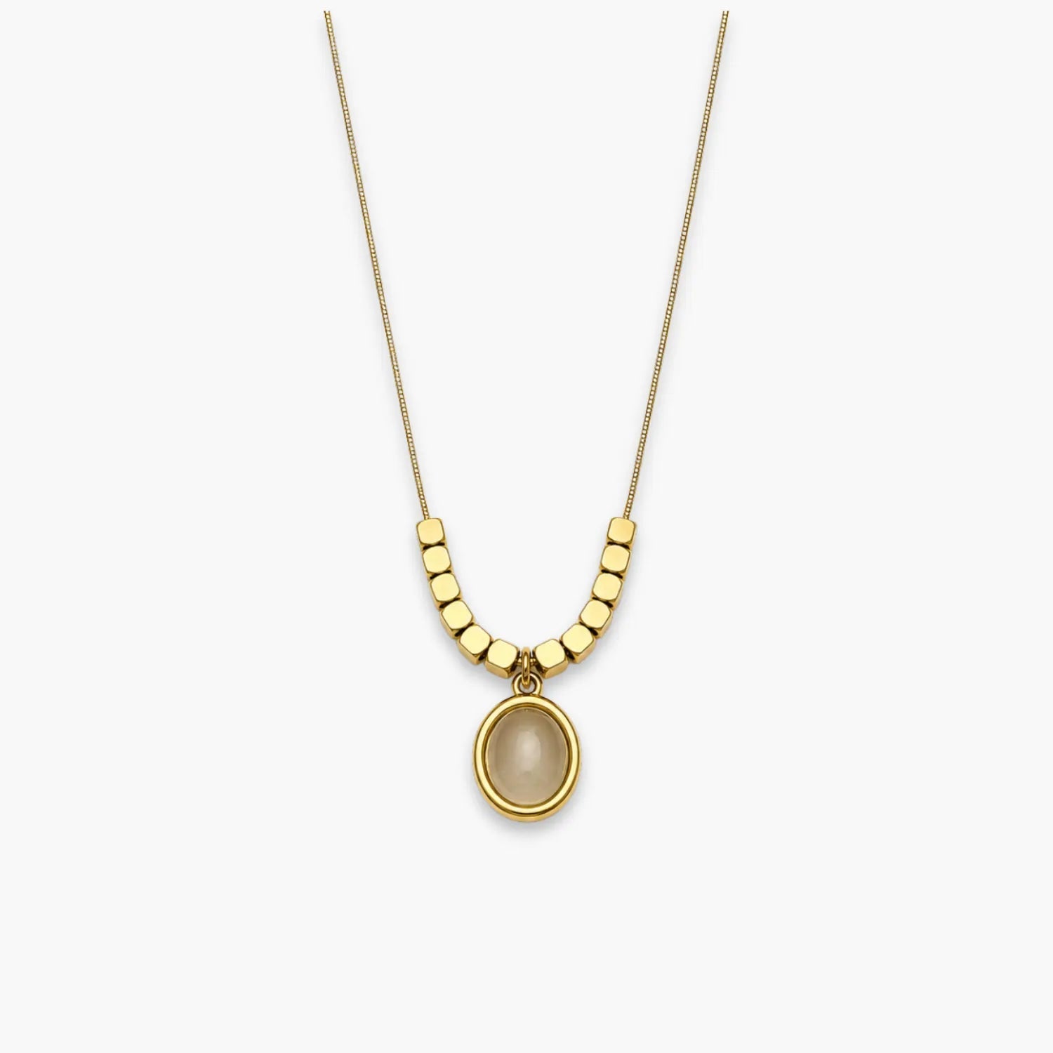 Light Grey oval pendant necklace with bead-and-bar chain accents
