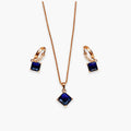 deep blue square pendant necklace and matching hoop earrings set front view