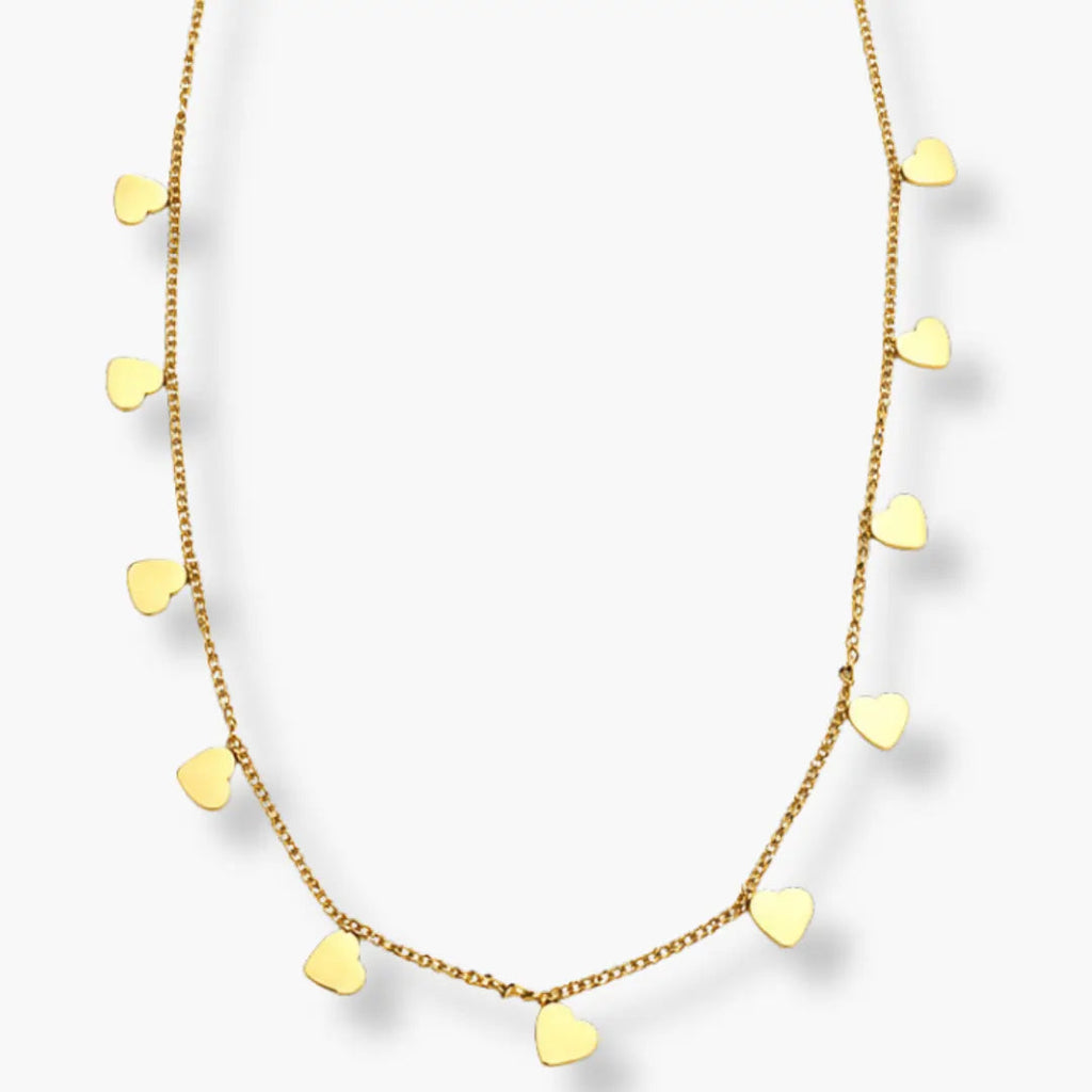gold-color multi-heart charm necklace on fine link chain