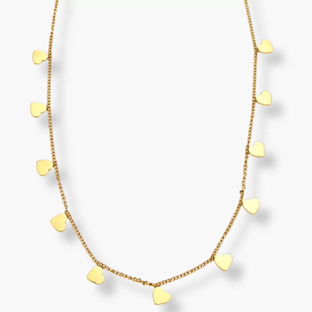gold-color multi-heart charm necklace on fine link chain