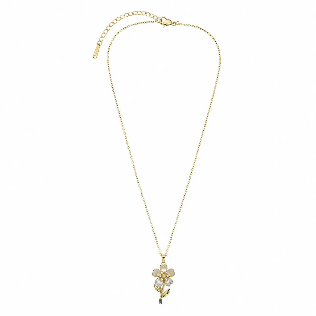 Full view of the gold-tone necklace for women with flower pendant, fine chain, clasp and extender.