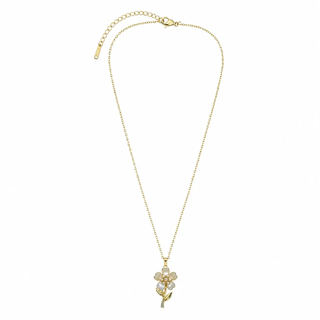 Full view of the gold-tone necklace for women with flower pendant, fine chain, clasp and extender.