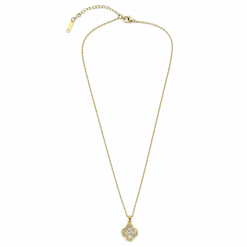 Full view of a gold-tone fancy necklace with crystal clover pendant, fine chain, clasp and extender.