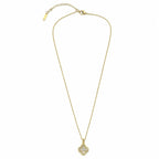 Full view of a gold-tone fancy necklace with crystal clover pendant, fine chain, clasp and extender.
