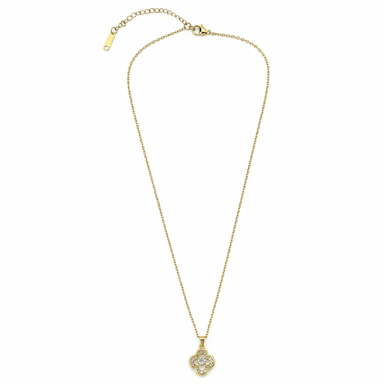 Full view of a gold-tone fancy necklace with crystal clover pendant, fine chain, clasp and extender.