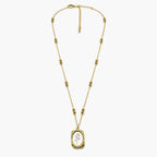 Full view of the two-tone necklace for women with bead stations, rose pendant, clasp and extender chain.