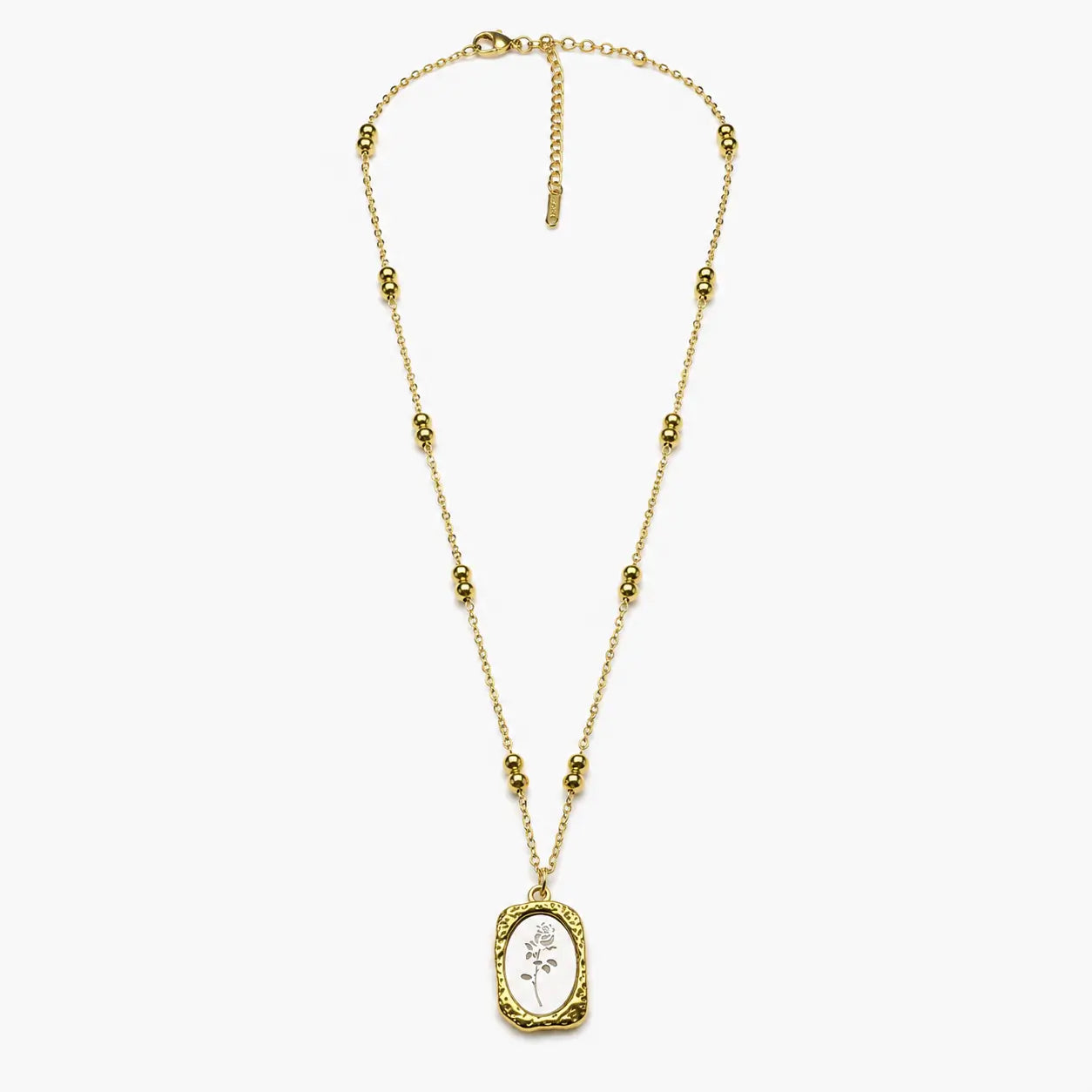 Full view of the two-tone necklace for women with bead stations, rose pendant, clasp and extender chain.