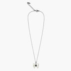 Full view of the silver-tone necklace for girls with bow pendant, fine chain, lobster clasp and extender.