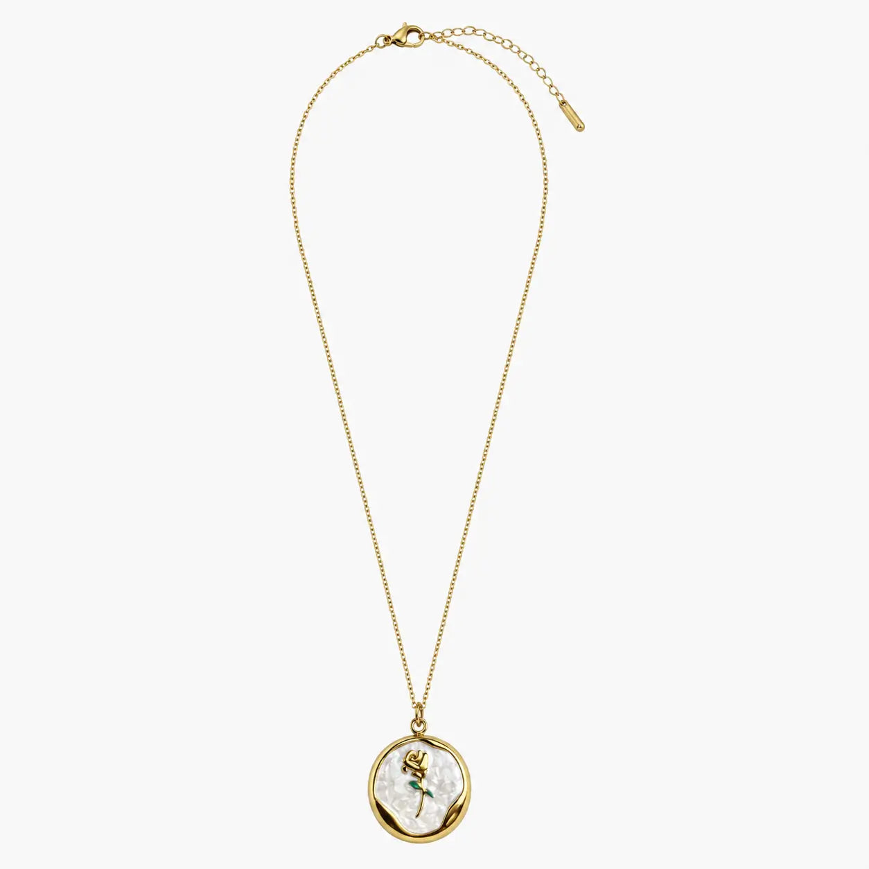 Full view of the gold-tone necklace for women with a rose medallion pendant, fine chain, clasp and extender.