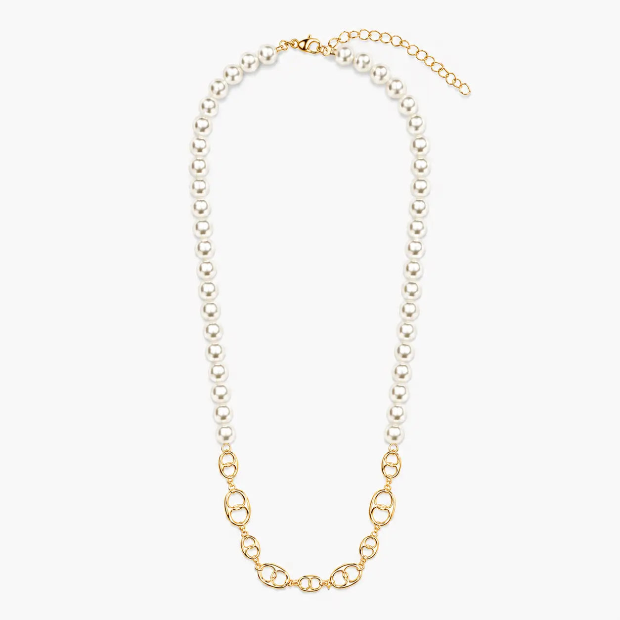 Artificial necklace for women with pearl-look beads, gold-tone oval links, lobster clasp and extender, full view