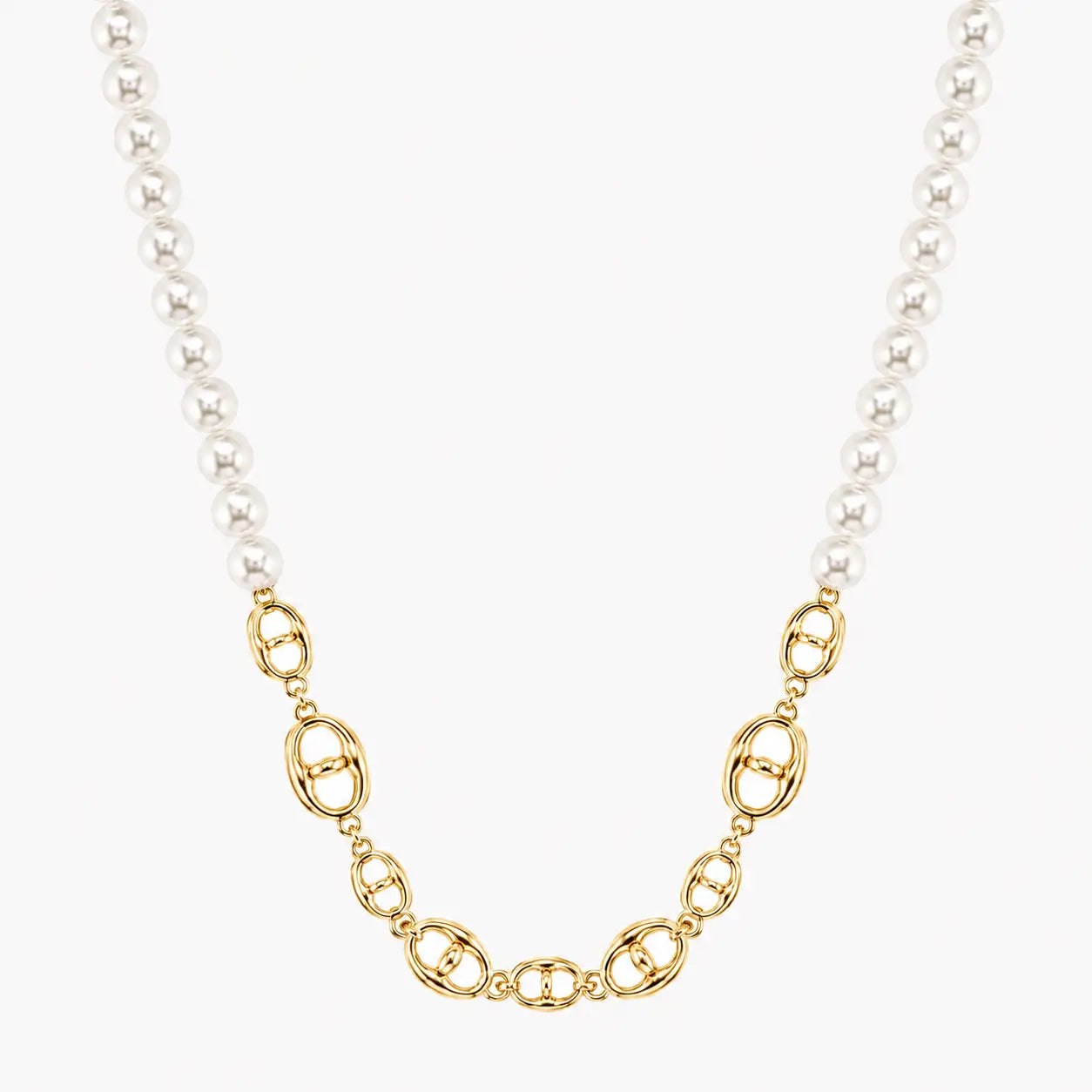Artificial necklace for women with white pearl-look beads and gold-tone oval link detailing, close-up view